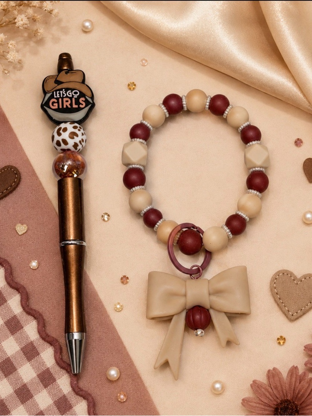 Handmade Beaded Wristlet Keychain & Matching Pen Set